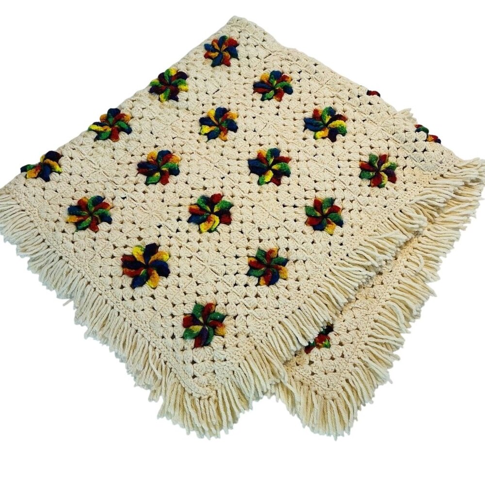 Vintage Crochet 3D Tie Dye Flowers Afghan Granny Square Blanket Throw 46”x40”
